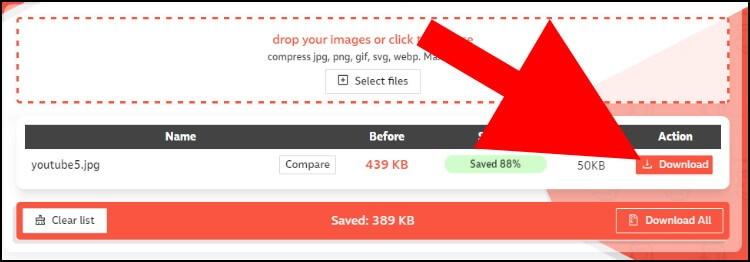 באתר Compressor.io לחצו על Download כדי להוריד תמונה שנדחסה