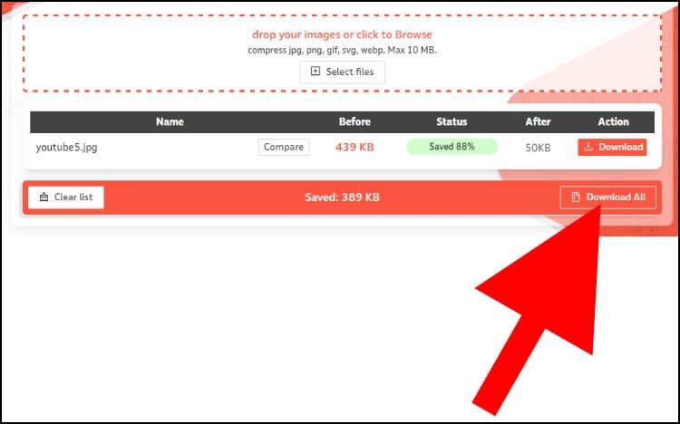 באתר Compressor.io לחצו על Download All כדי להוריד את כל התמונות שנדחסו