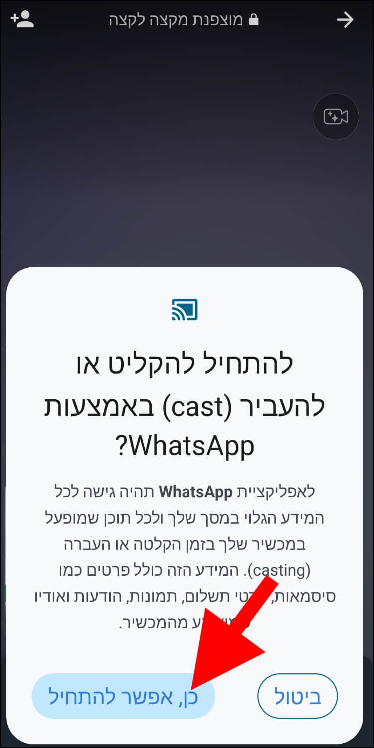 לחצו בוואטסאפ על 'כן, אפשר להתחיל' כדי לשתף את המסך