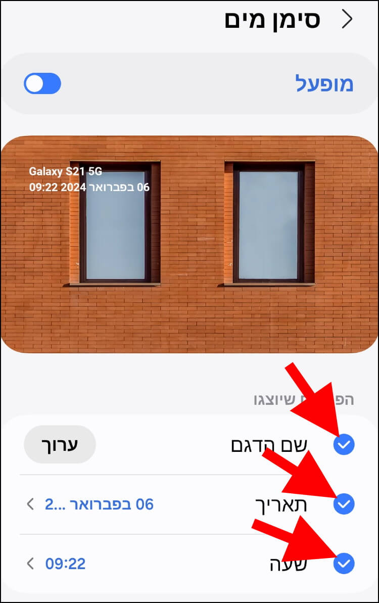 בחרו אילו פרטים אתם רוצים להציג בסימן מים שבתמונה - שם הדגם, תאריך, שעה