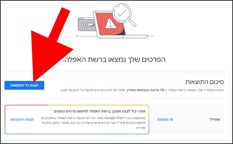 בתוצאות הבדיקה של Dark Web Report לחצו על הצגת כל התוצאות