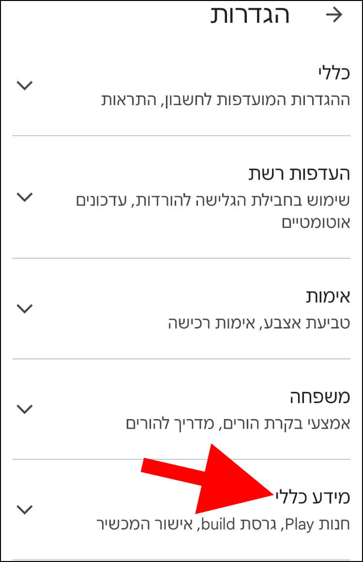 האפשרות מידע כללי בהגדרות Google Play