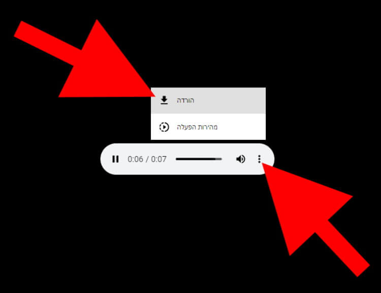 לחצו על שלוש הנקודות שנמצאות בנגן המדיה ולאחר מכן לחצו על האפשרות הורדה כדי להוריד את קטע הקול