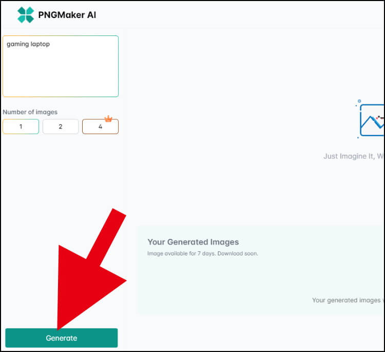 באתר PNGMaker לחצו על לחצן ה- 'Generate' כדי ליצור תמונה חדשה מהפרומפט שהקלדתם