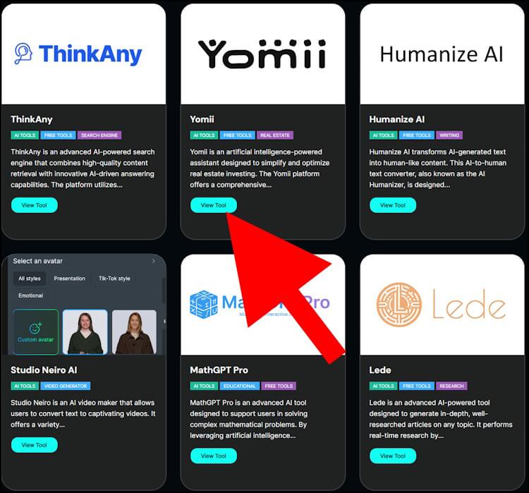 לחצו על לחצן ה- "View Tool" כדי להיכנס לעמוד הייעודי של אתר ה- AI שמצאתם