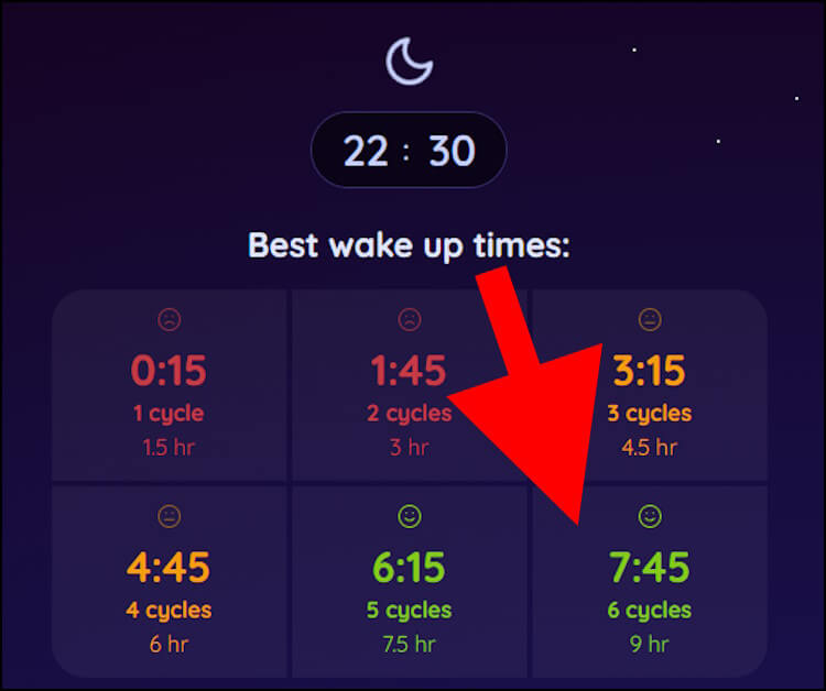 המחשבון באתר Sleepytime מציג את השעות שבהן מומלץ ולא מומלץ להתעורר