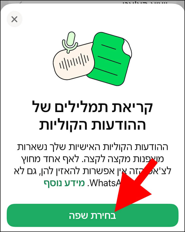 בחירת שפה של תמלול הודעות קוליות בוואטסאפ