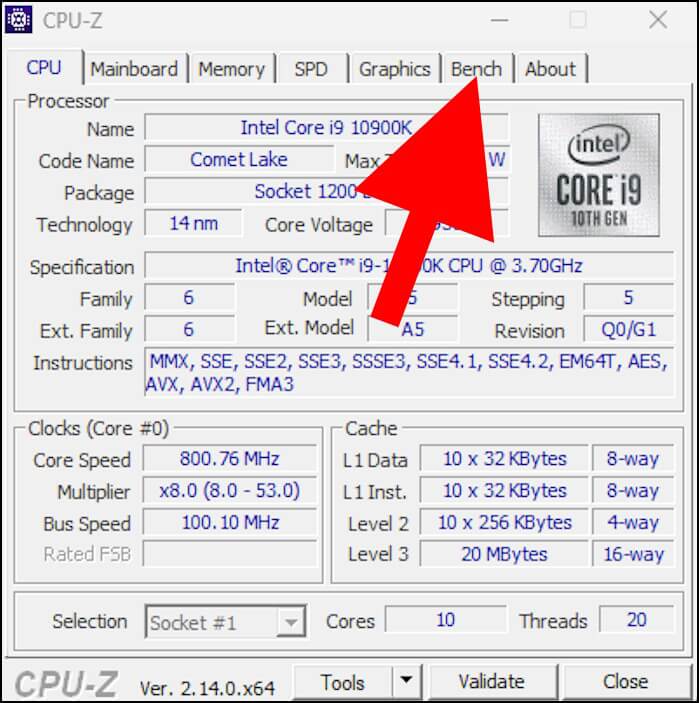 לשונית Bench בתוכנה CPU-Z