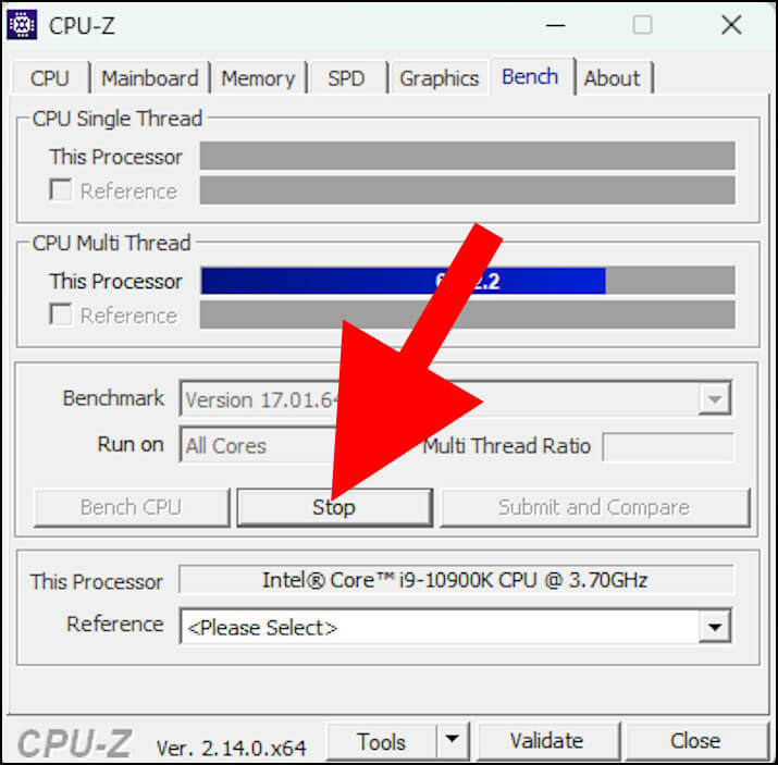 עצירת בדיקת המאמץ בתוכנה CPU-Z